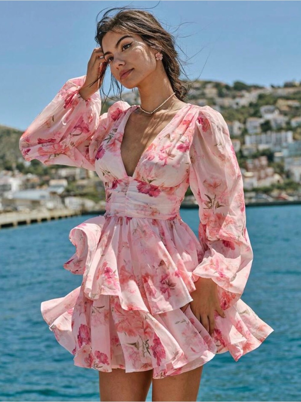 Floral Pink V-Neck Tiered Mini Dress